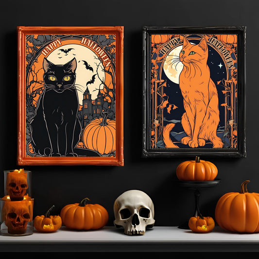 Art Nouveau Halloween Cat Wall Art Set, Gothic Black Cat Posters, Spooky Vintage Decor for Witchy Home