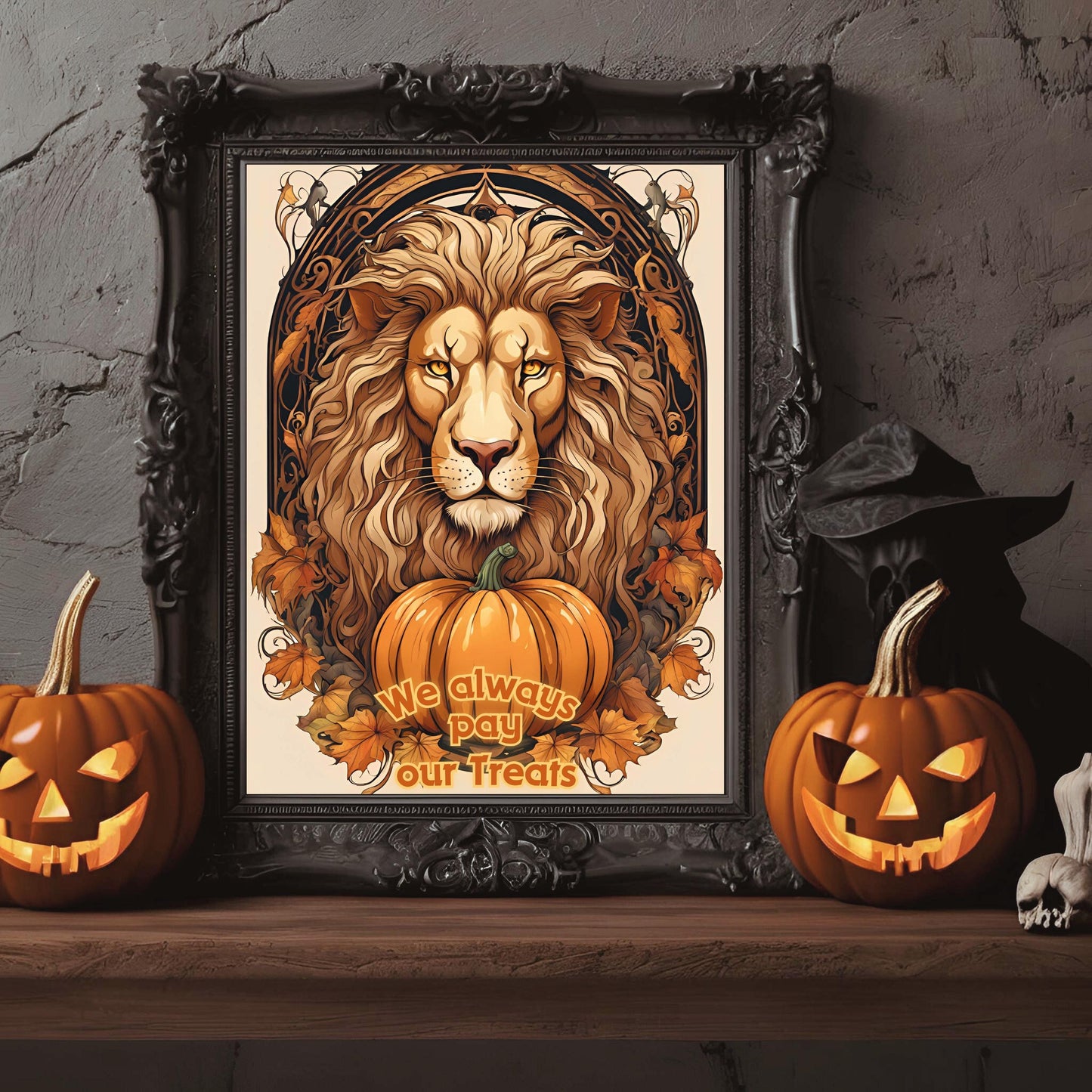 Halloween Lions Wall Art Bundle, "House Trickster" Spooky Decor and Art Nouveau Decoration for Halloween