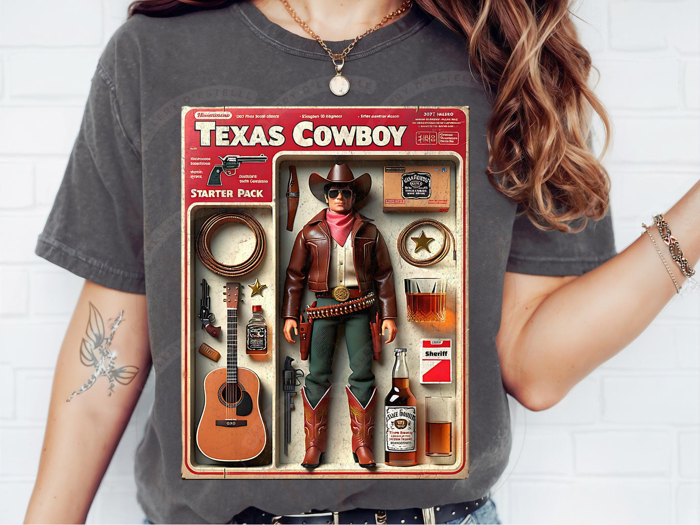 Texas Cowboy Starter Pack PNG, Retro Western Cowboy Graphic, Funny Action Figure Art, Trendy Country Shirt Design