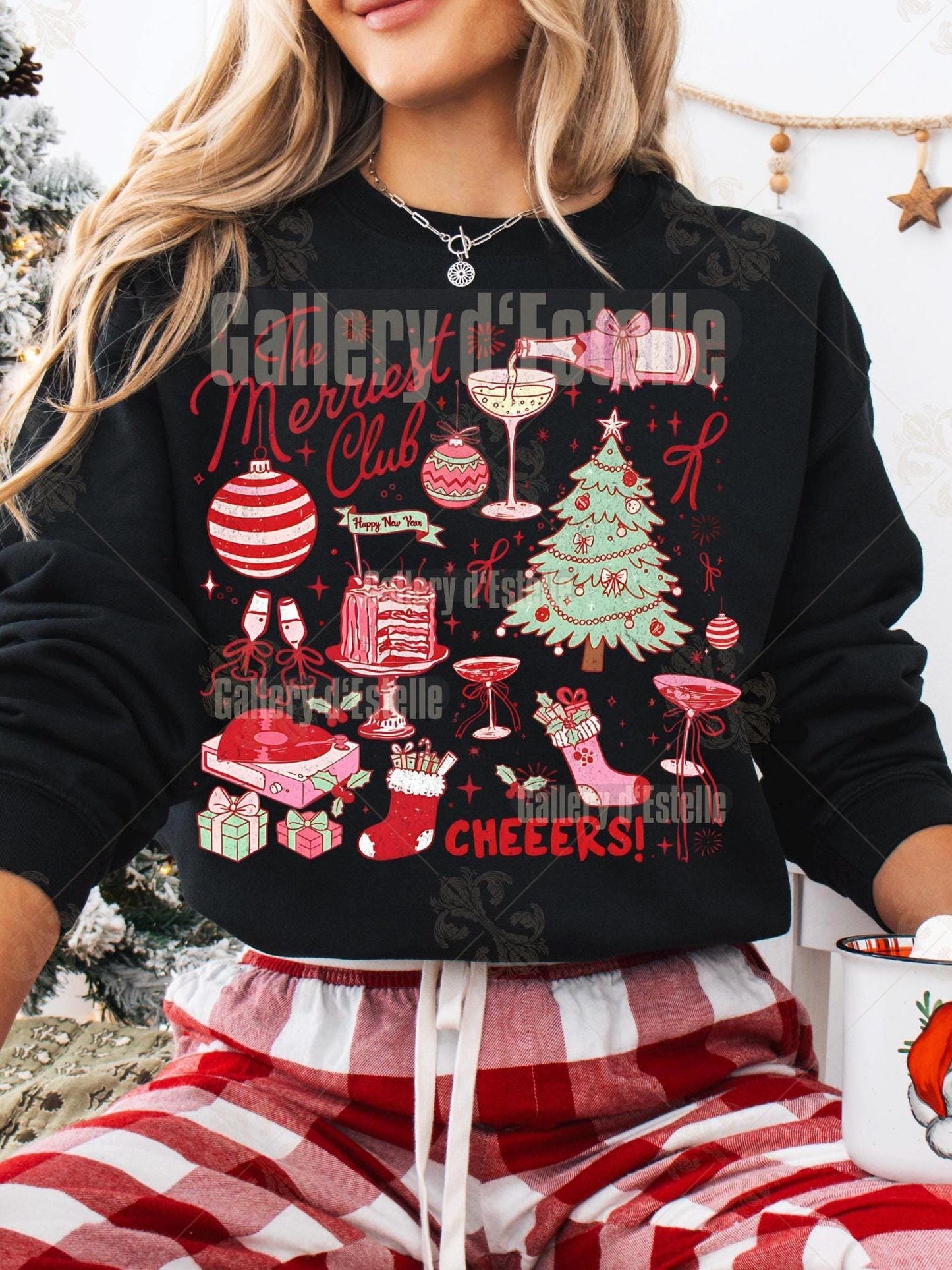 Coquette Merriest Club PNG, Cute Christmas Collage Graphic, Retro Holiday Party Design, Trendy Festive Shirt Design