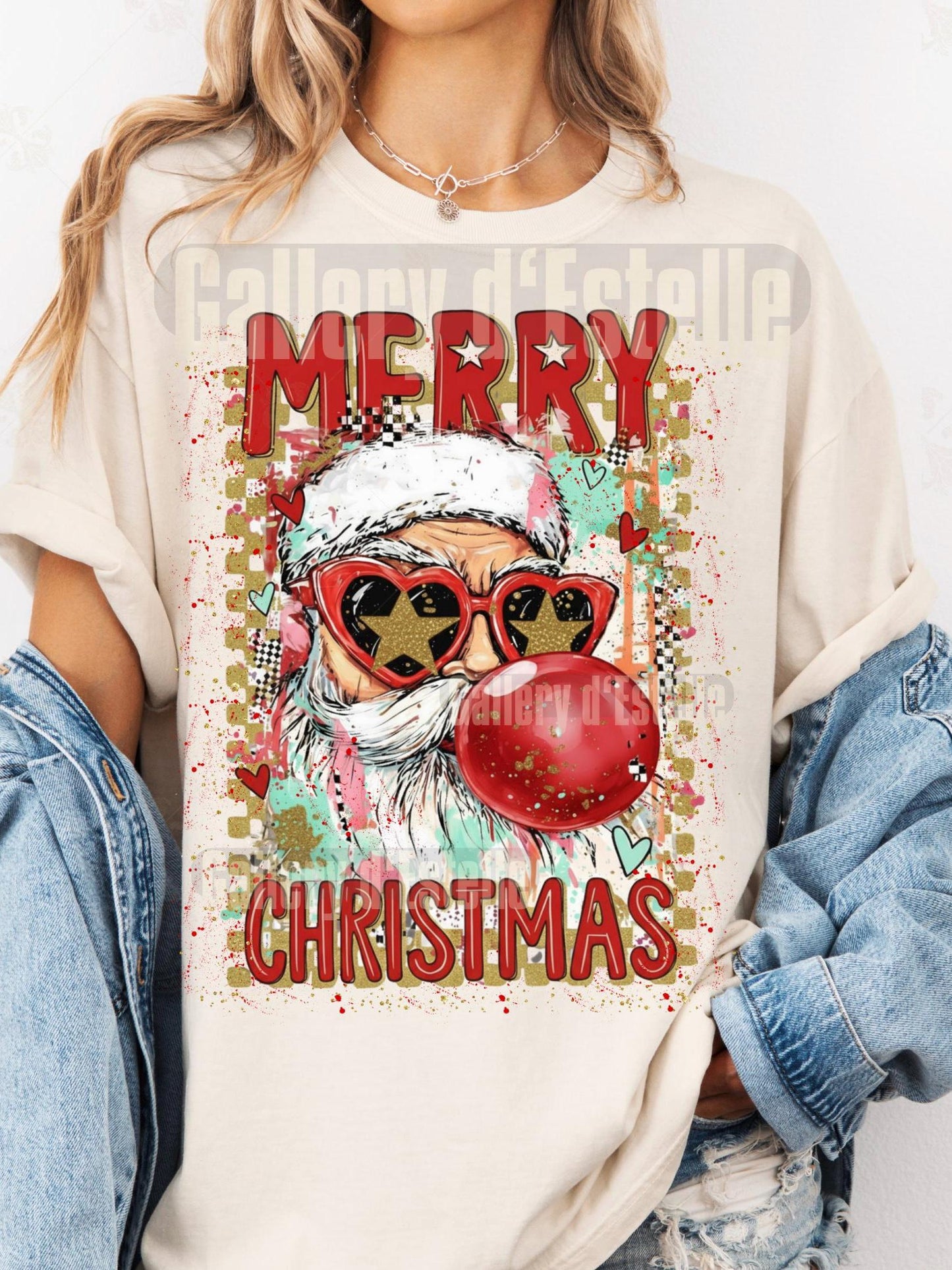 Preppy Merry Christmas PNG, Retro Glitter Santa Bubble Design, Coquette Holiday Graphic, Trendy Christmas Shirt Sublimation
