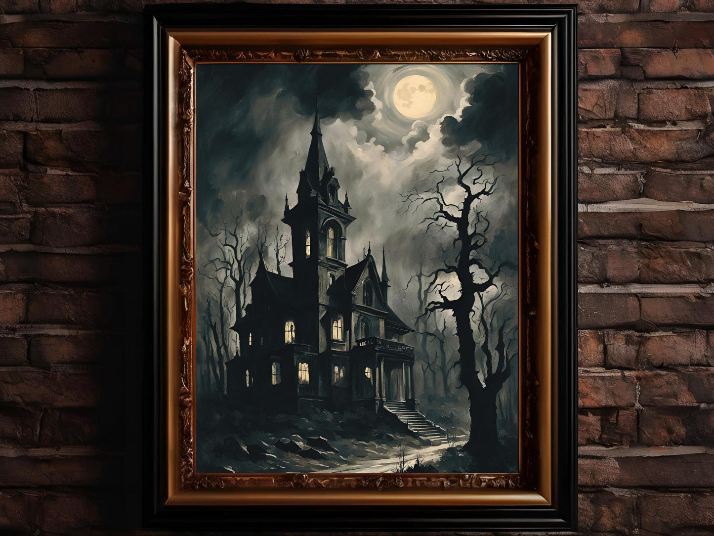 Haunted Castle Art, Victorian Gothic Wall Decor for Halloween, Spooky Edgy Dark Aesthetic Castle