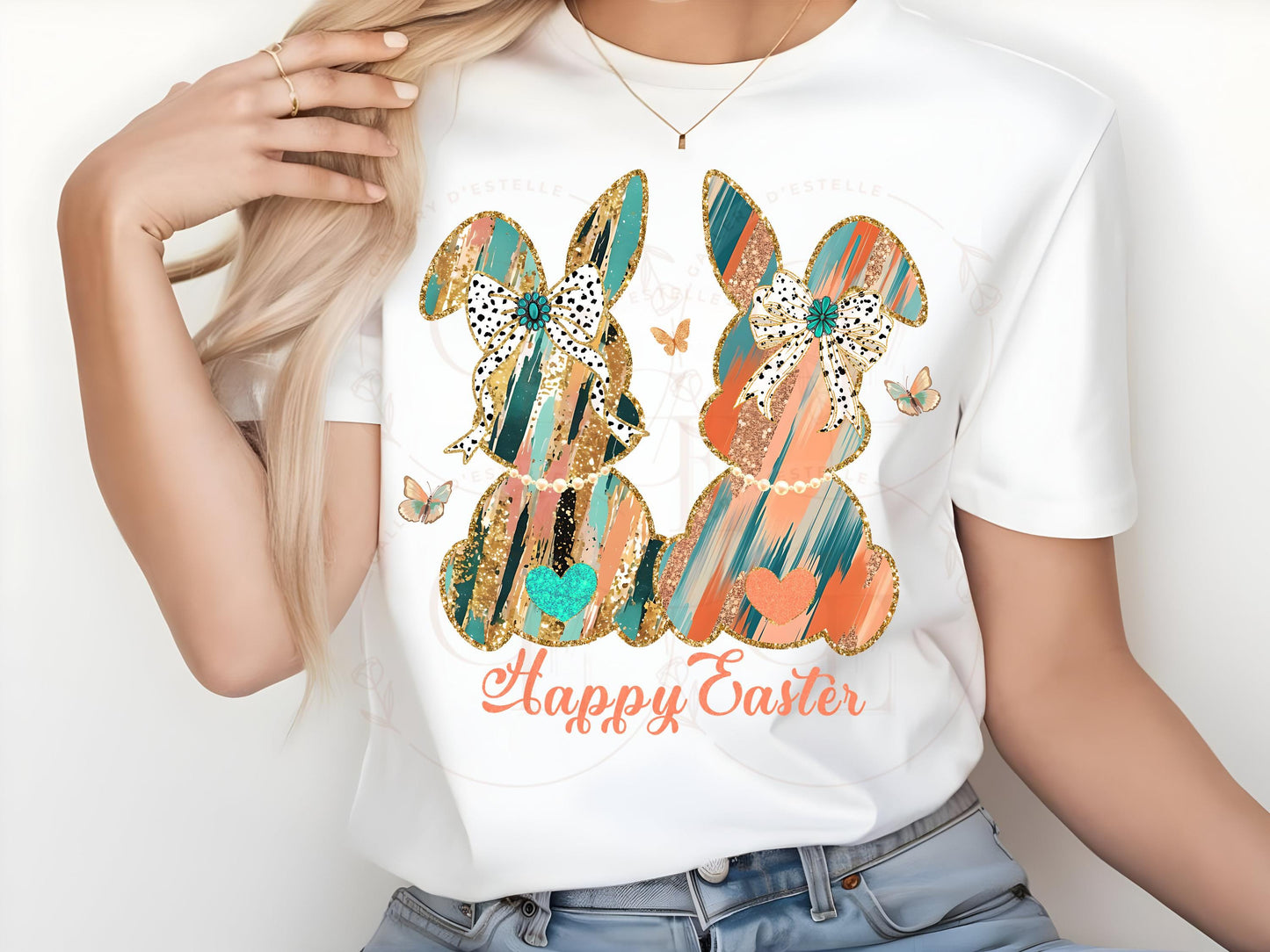 Coquette Glitter Bunnies PNG, Gold Coral Brushstroke Art, Cowgirl Easter Graphic, Trendy Country Shirt Design
