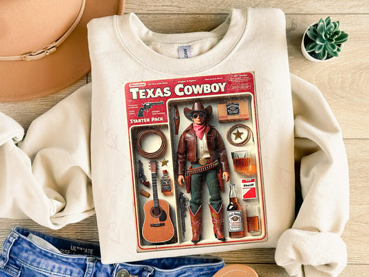 Texas Cowboy Starter Pack PNG, Retro Western Cowboy Graphic, Funny Action Figure Art, Trendy Country Shirt Design