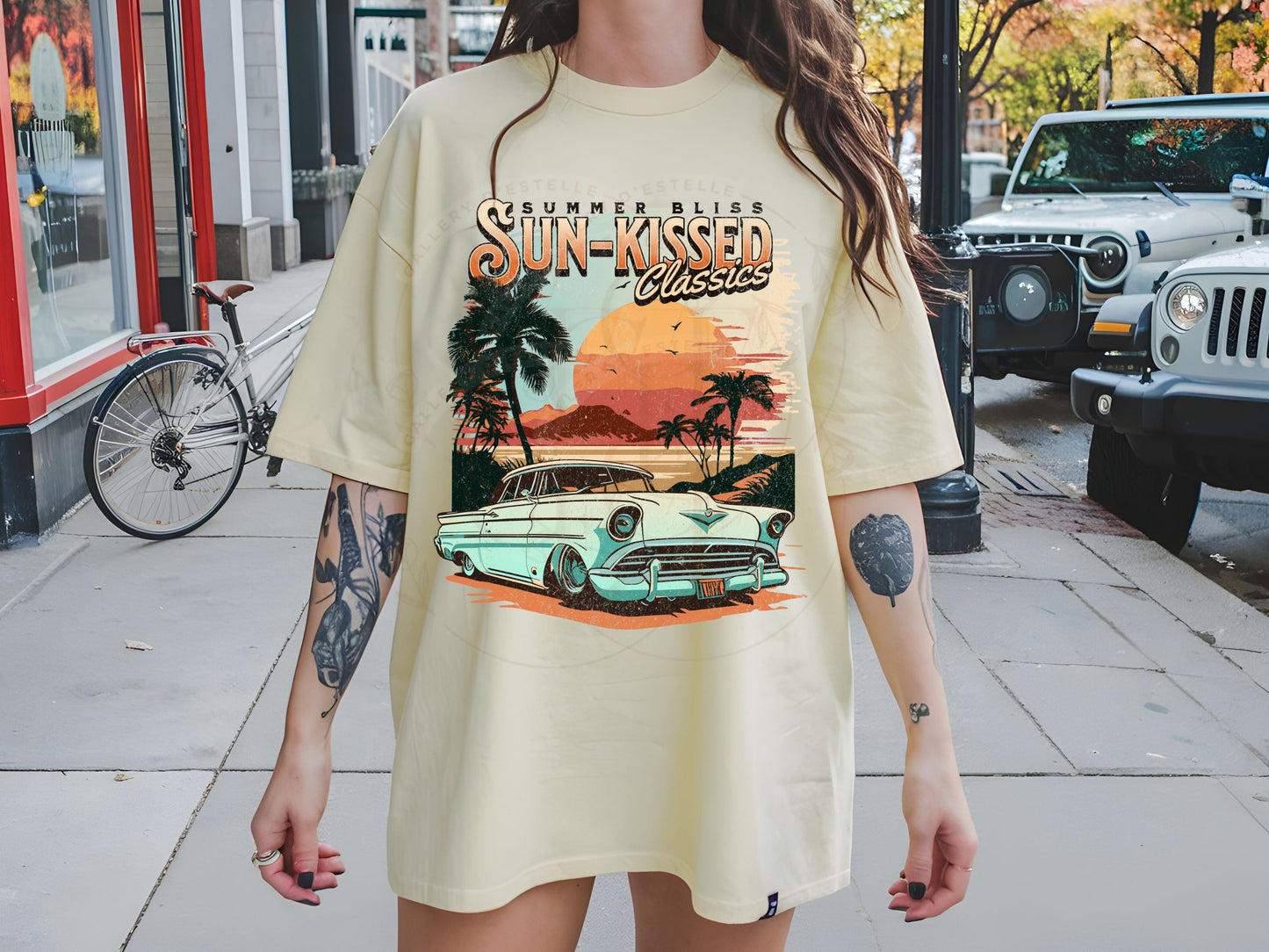 Sun-Kissed Classics PNG, Retro Vintage Race Car Graphic, Trendy Sunset Beach Coastal Shirt Design