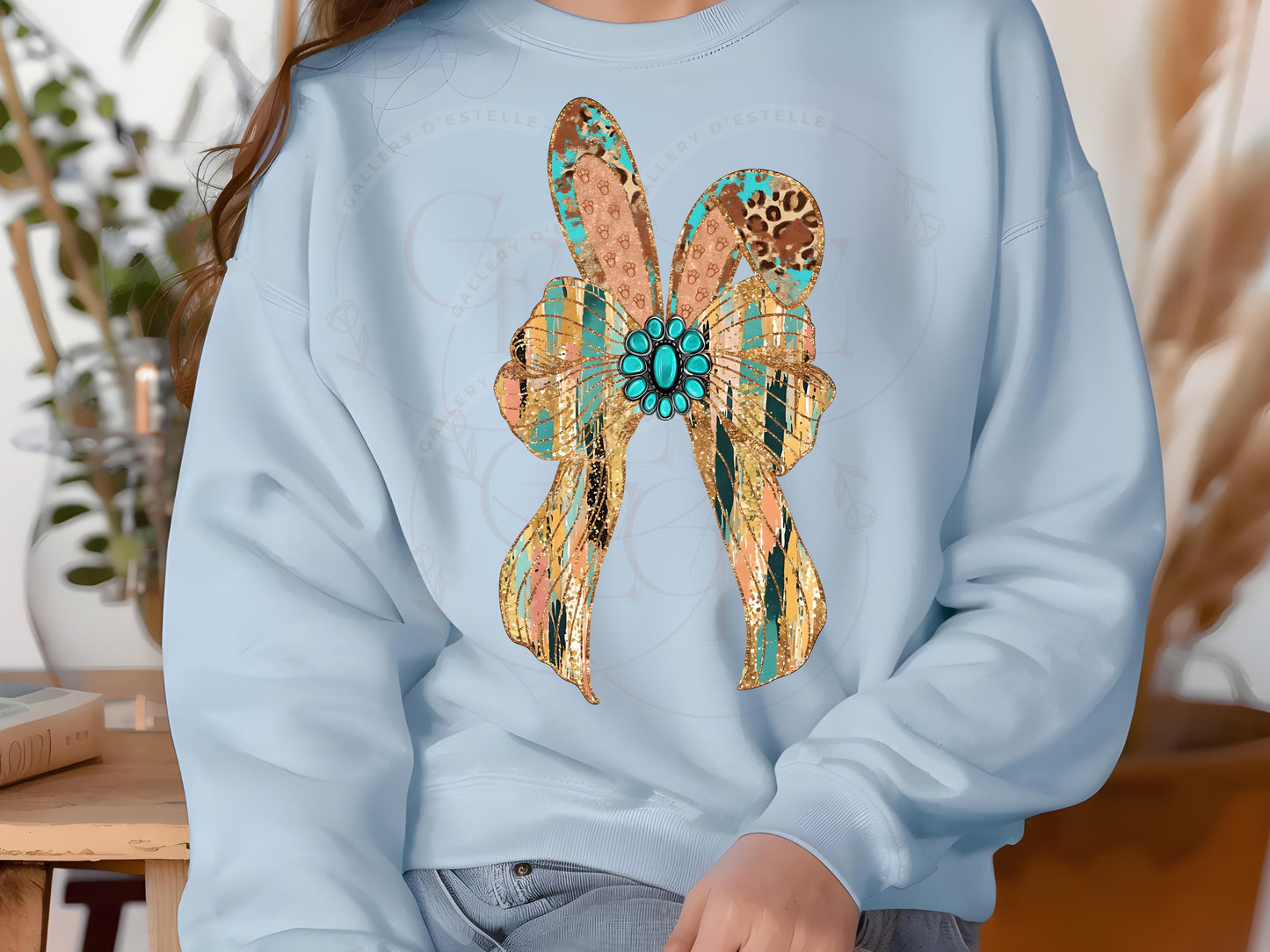 Western Coquette Glitter Bow PNG, Gold Brushstroke Easter Bunny Graphic, Trendy Cowgirl Shirt Design