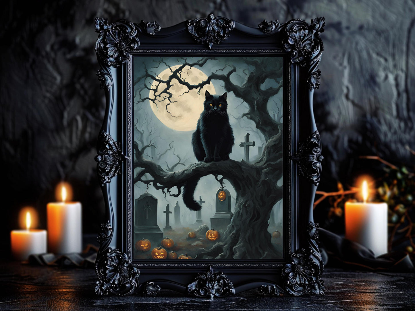 Haunted Black Cats Wall Art Set, Eerie Feline Dark Aesthetic Prints for Gothic Halloween Decor
