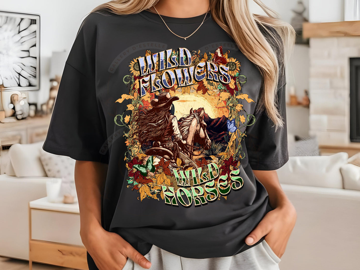 Wild Flowers Wild Horses PNG, Boho Floral Vintage Western Art, Retro Cowgirl Rodeo Graphic, Trendy Country Shirt Design
