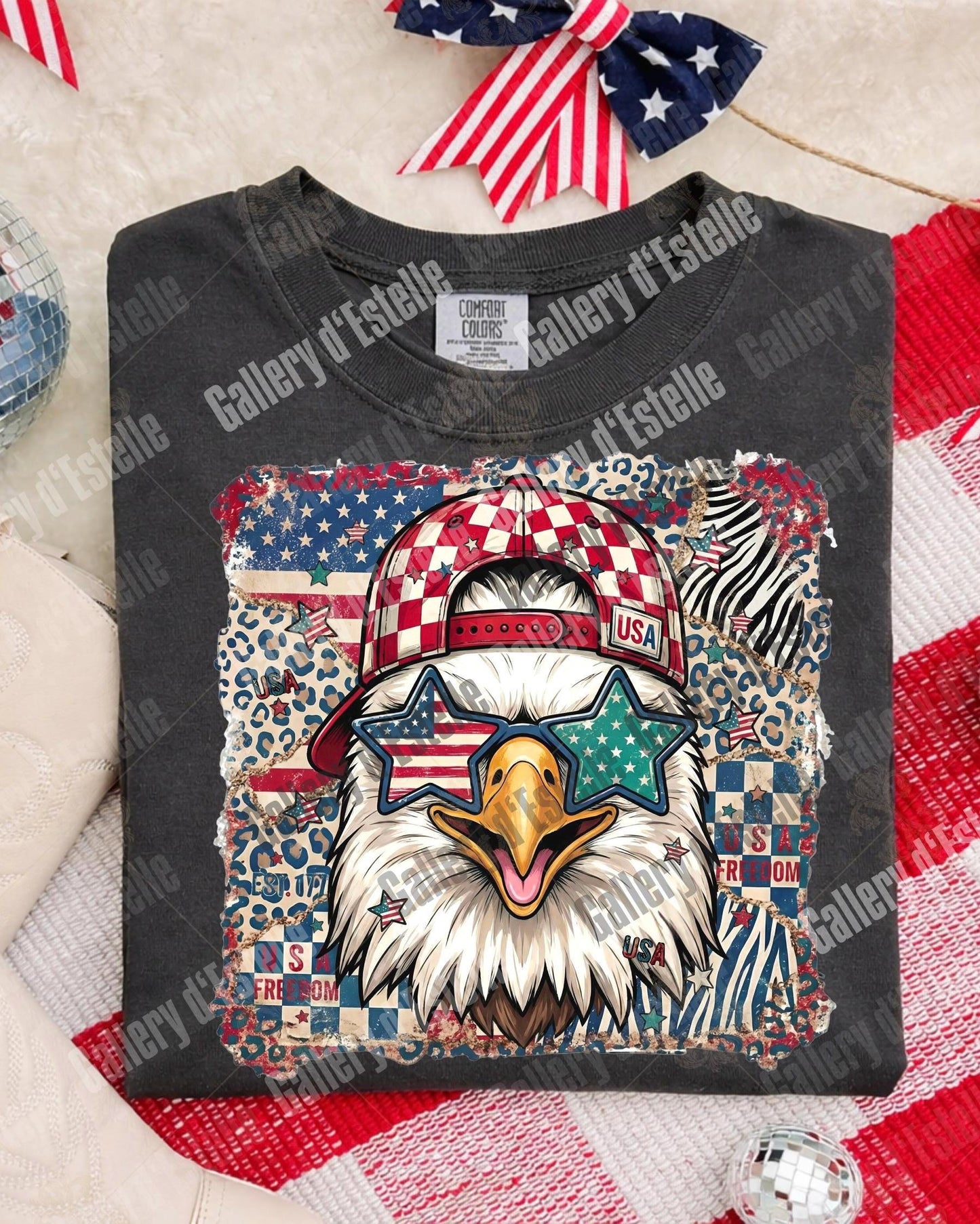Retro American Eagle PNG, Preppy Patriotic Checkered Leopard Graphic, Trendy 4th of July Shirt Design