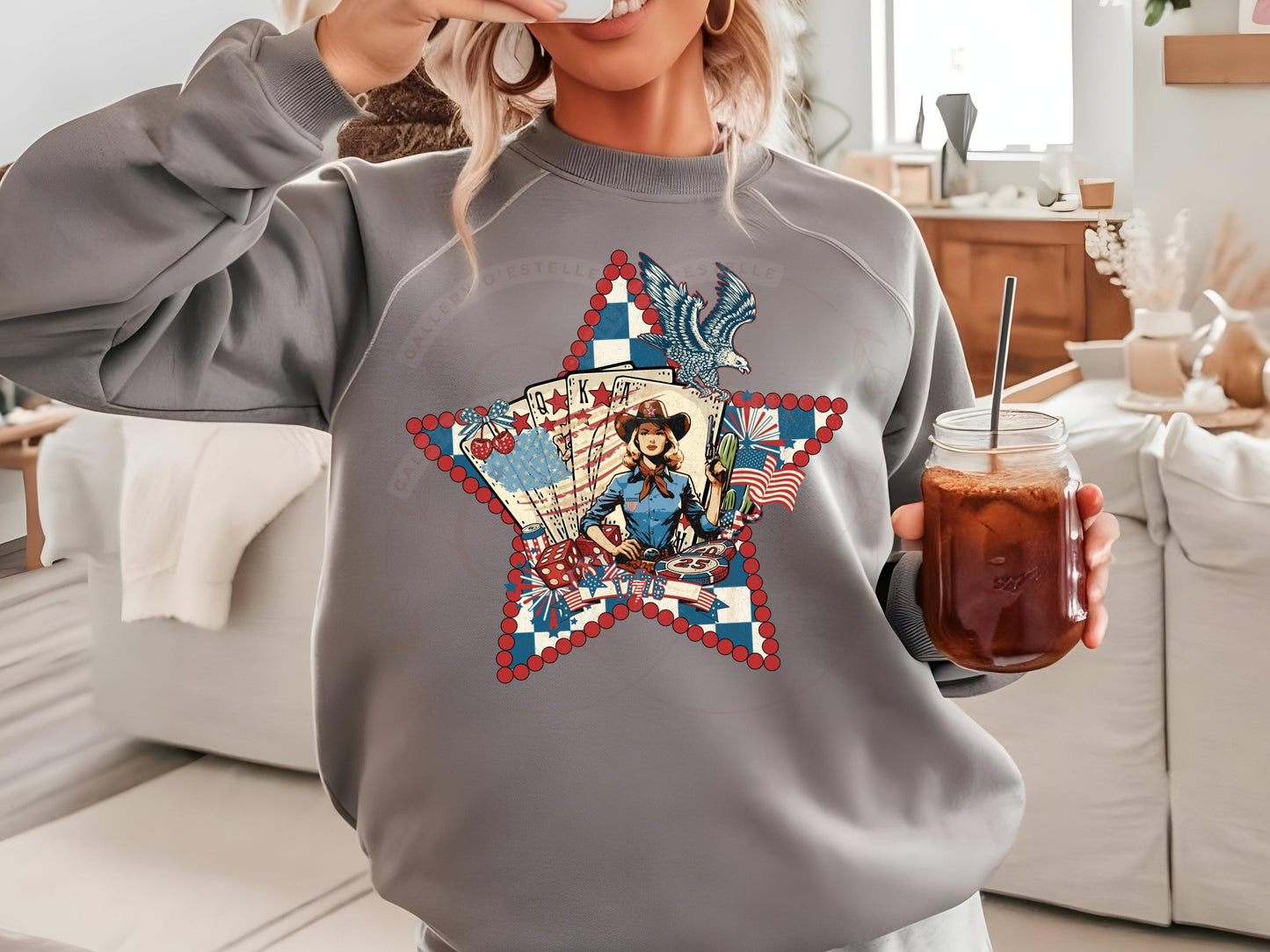 Retro Patriotic Cowgirl PNG, Vintage Checkered Poker Star Graphic, Western 4th of July Shirt Design