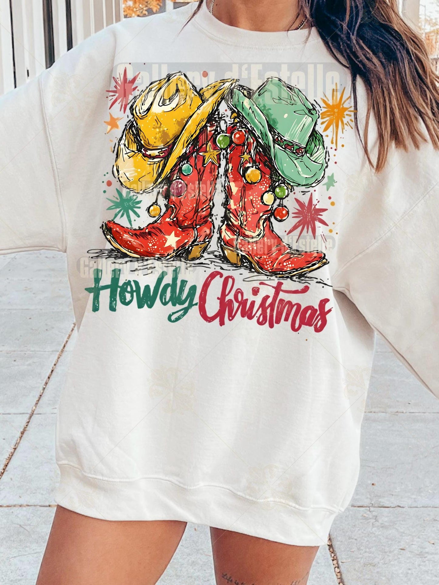 Western Howdy Boots PNG, Festive Cowboy Christmas Graphic, Coquette Cowgirl Holiday Shirt Design