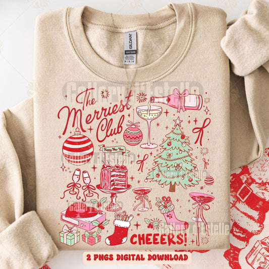 Coquette Merriest Club PNG, Cute Christmas Collage Graphic, Retro Holiday Party Design, Trendy Festive Shirt Sublimation
