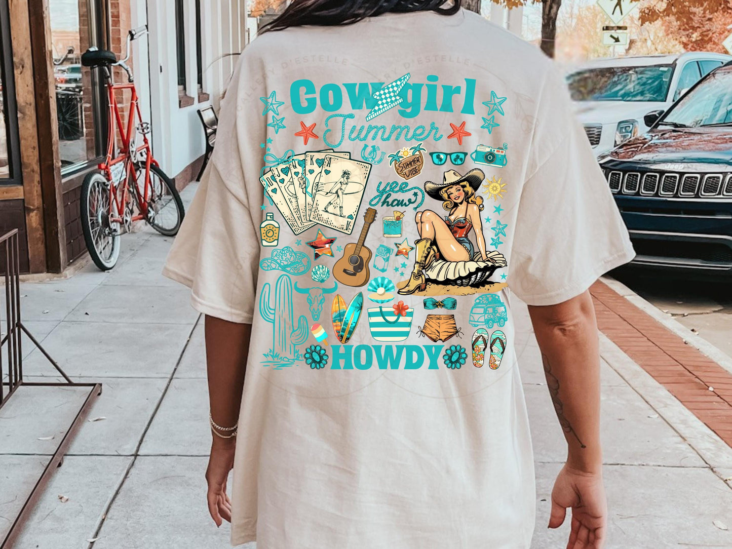 Cowgirl Summer Country PNG, Retro Western Coastal Girl Collage, Trendy Mermaid Summer Shirt Design