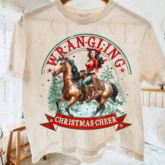 Wrangling Christmas Cheer PNG, Retro Cowgirl Holiday Graphic, Festive Westerm Rodeo Sublimation, Trendy Country Shirt Design