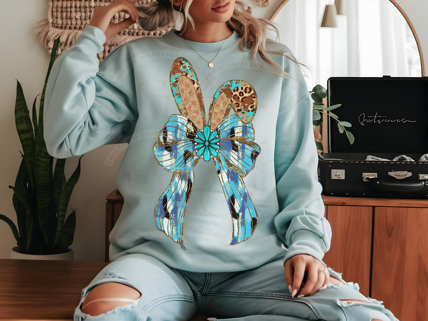 Western Coquette Glitter Bow PNG, Blue Brushstroke Easter Bunny Graphic, Trendy Cowgirl Shirt Design