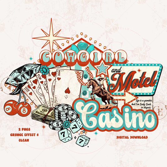 Cowgirl Casino and Motel PNG, Western Cowgirl Vegas Graphic, Retro Lucky Girl Gambling Art, Trendy Country Shirt Design