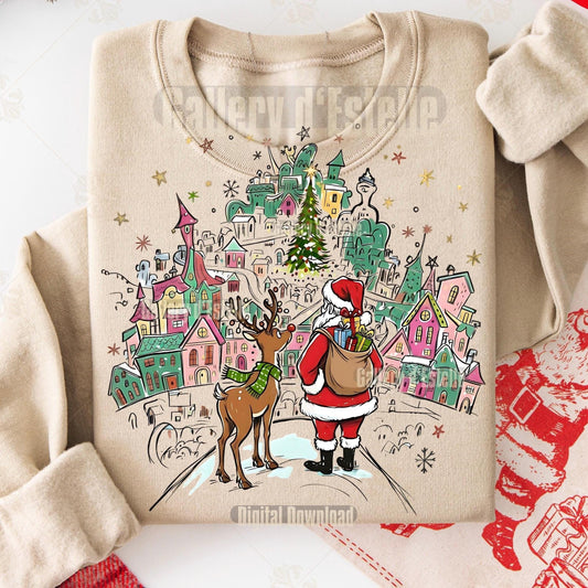 Retro Santa Town PNG, Coquette Christmas Reindeer Graphic, Nostalgic Holiday Sublimation, Festive Shirt Design