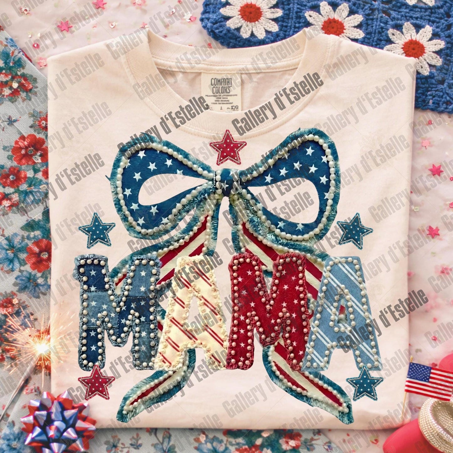Coquette Patriotic Mama PNG, Retro American Patchwork Graphic, Trendy 4th of July Mom Shirt Design