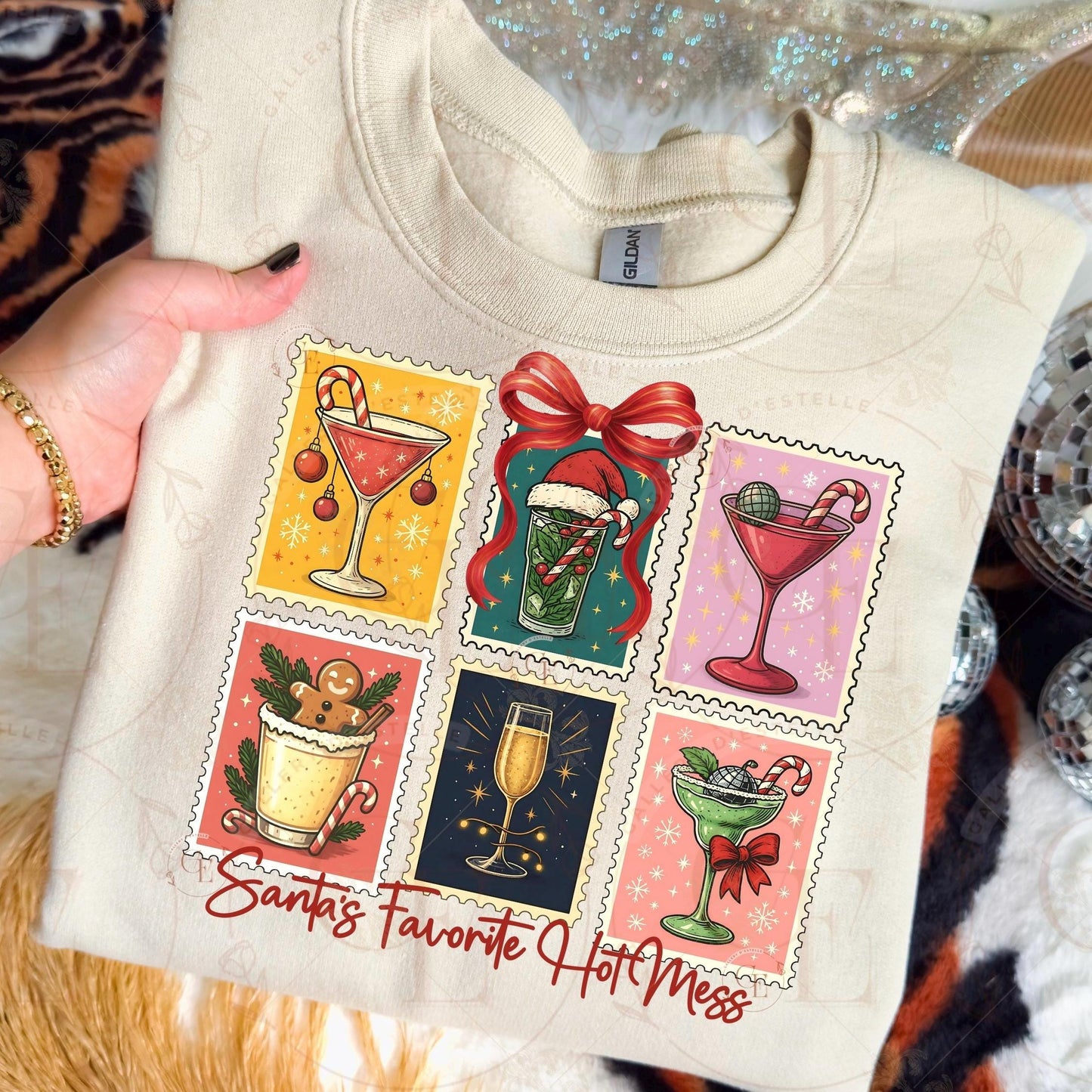 Retro Coquette Christmas Stamp PNG, Festive Santa Cocktail Collage, Holiday Spirit Drinks Graphic, Trendy Girl Christmas Shirt Design
