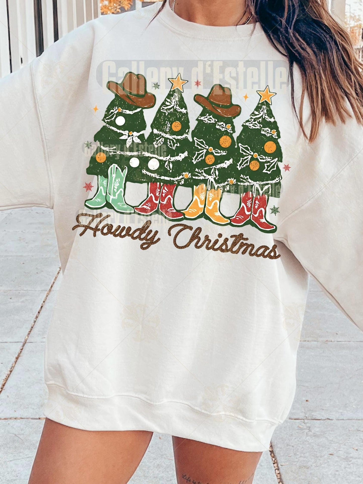 Howdy Christmas Trees PNG, Retro Western Holiday Graphic, Festive Cowboy Art, Trendy Country Shirt Design