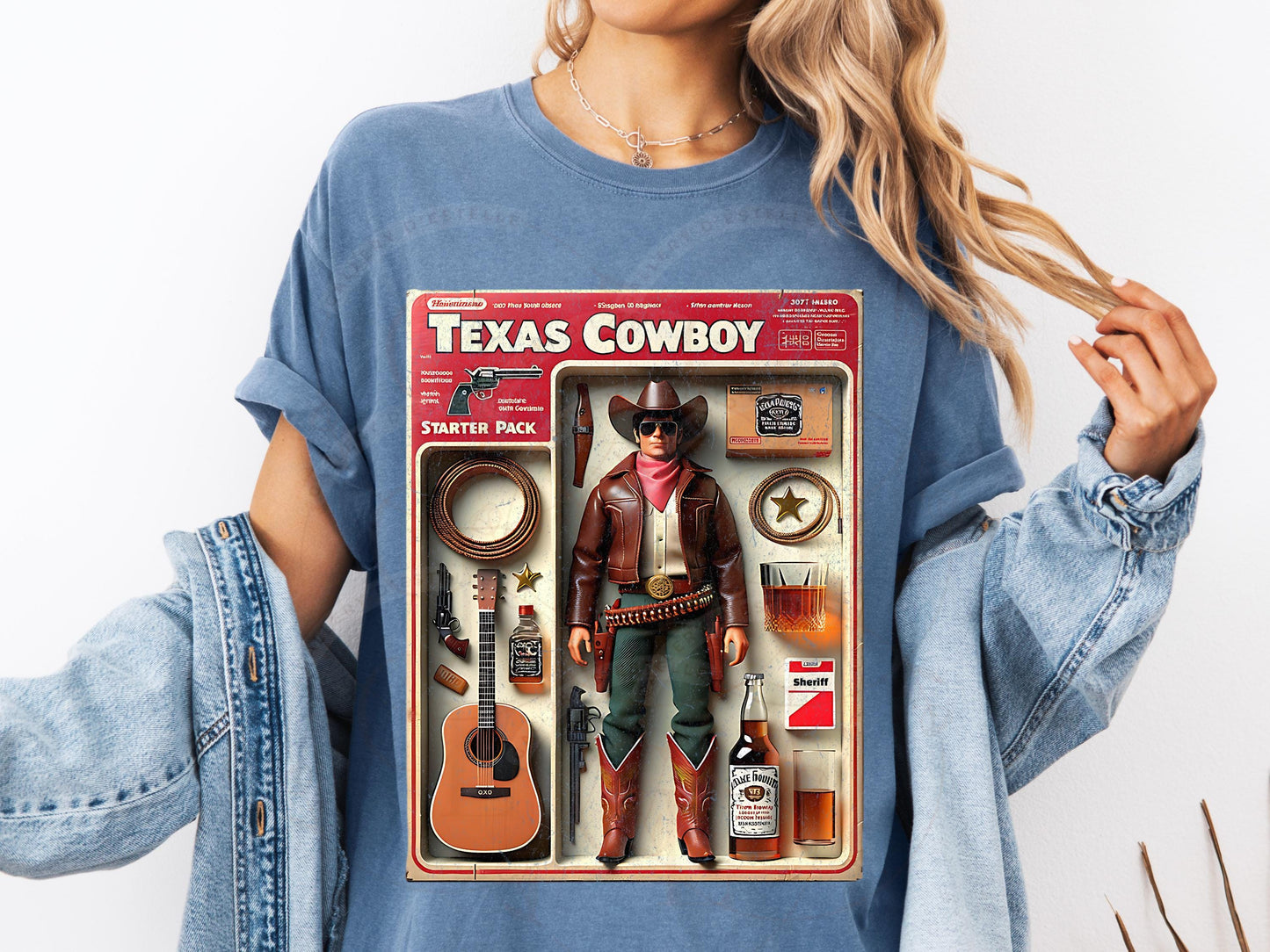 Texas Cowboy Starter Pack PNG, Retro Western Cowboy Graphic, Funny Action Figure Art, Trendy Country Shirt Design