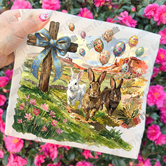 Christian Easter Bunny PNG, Coquette Cross Spring Scene, Vintage Religious Rabbit Art, Western Faith Shirt Design