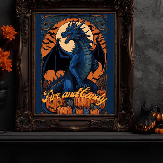 Halloween Dragons Wall Art Bundle-"House Spookaryen", Spooky Art Nouveau Prints for Halloween Decoration