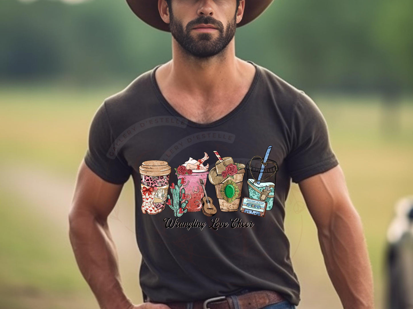 Wrangling Love Essentials PNG, Rustic Cowgirl Coffee Cup Graphic, Retro Valentine Country Shirt Design