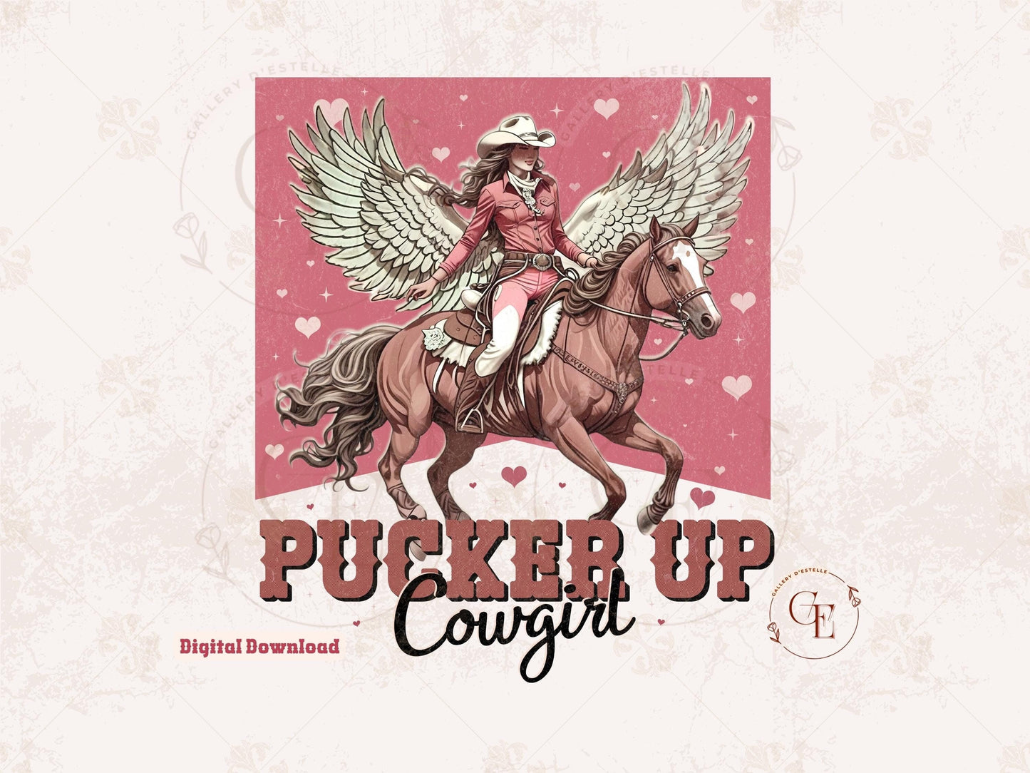 Pucker Up Cowgirl PNG, Vintage Western Valentine Graphic, Retro Cupid Horse Design, Trendy Country Shirt Sublimation