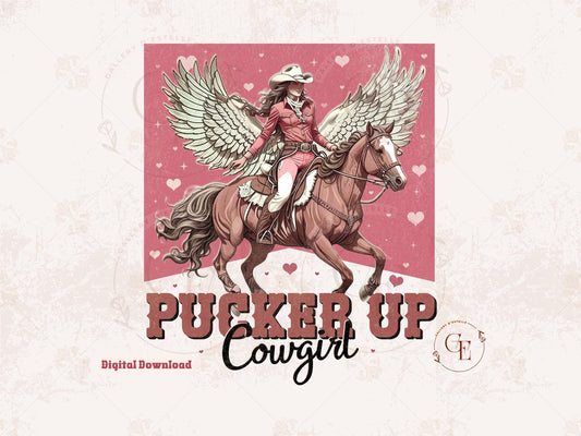 Pucker Up Cowgirl PNG, Vintage Western Valentine Graphic, Retro Cupid Horse Design, Trendy Country Shirt Sublimation