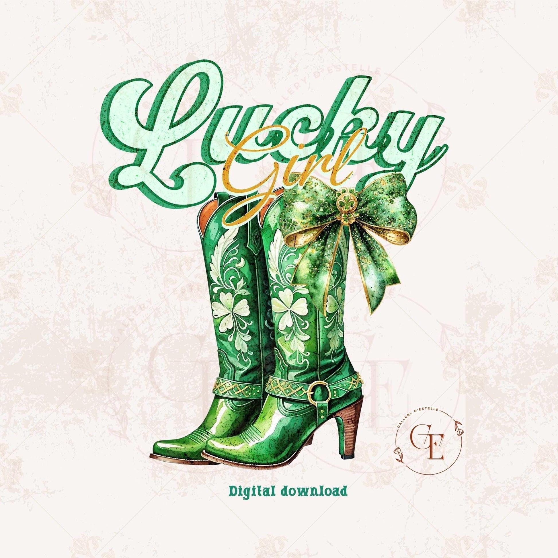 Lucky Girl Western PNG, Retro Cowgirl Boots Graphic, Coquette St.Patricks Day Country Shirt Design