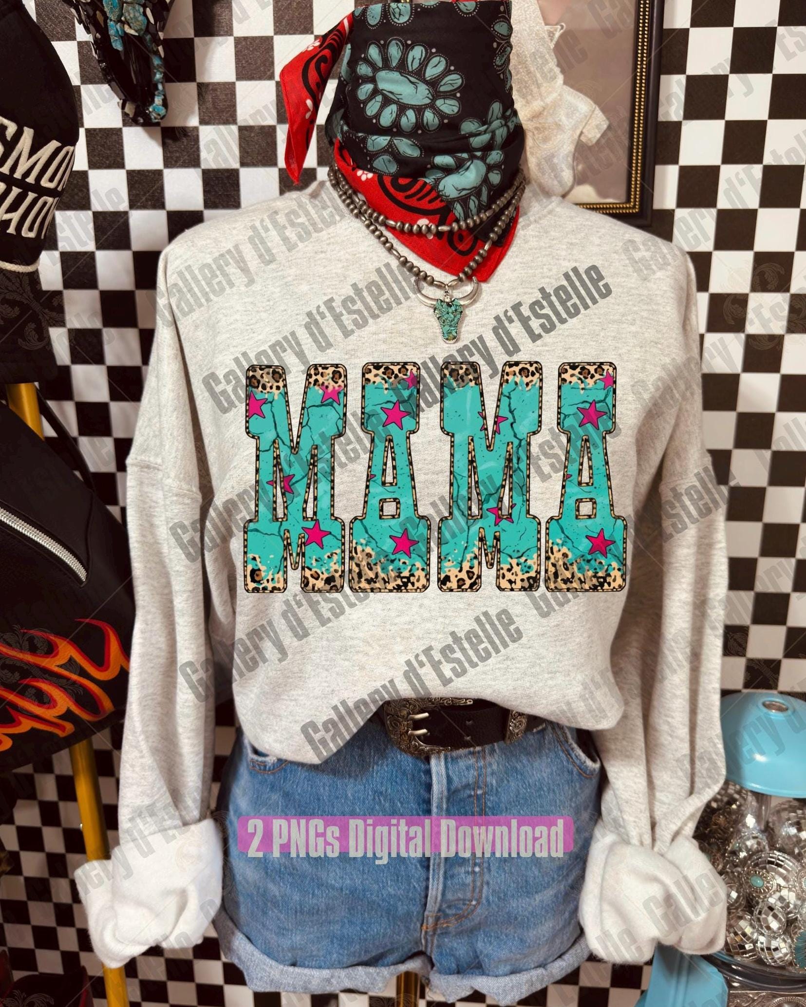 Mannequin wearing a sweatshirt with 'MAMA' text in leopard print on a checkered background