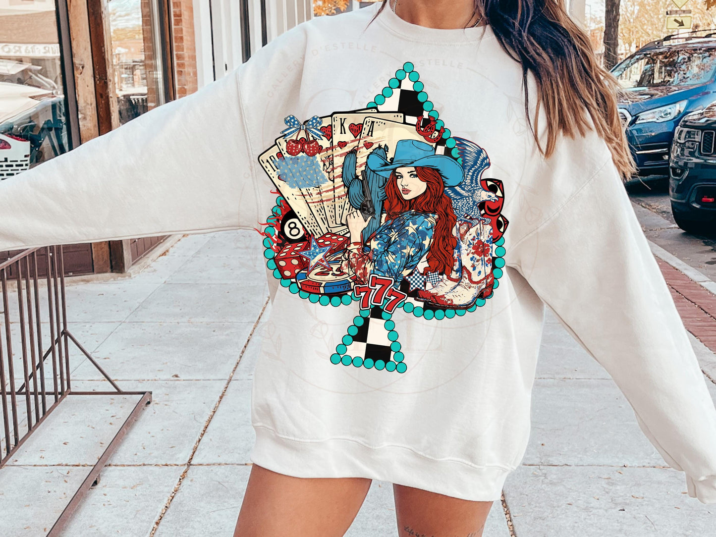 4th of July Feeling Lucky PNG, Western Patriotic Cowgirl Casino Art, Checkered Turquoise Spade Graphic, Trendy Independence Day Shirt Design