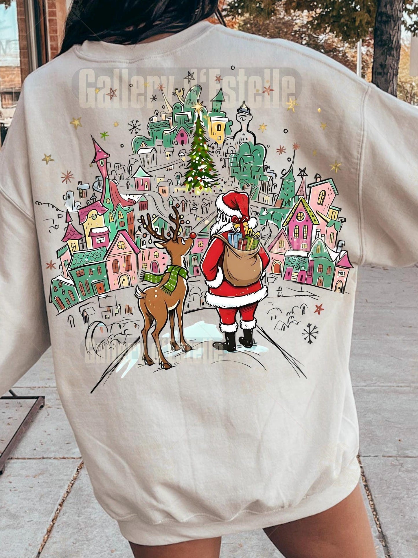 Retro Santa Town PNG, Coquette Christmas Reindeer Graphic, Nostalgic Holiday Sublimation, Festive Shirt Design