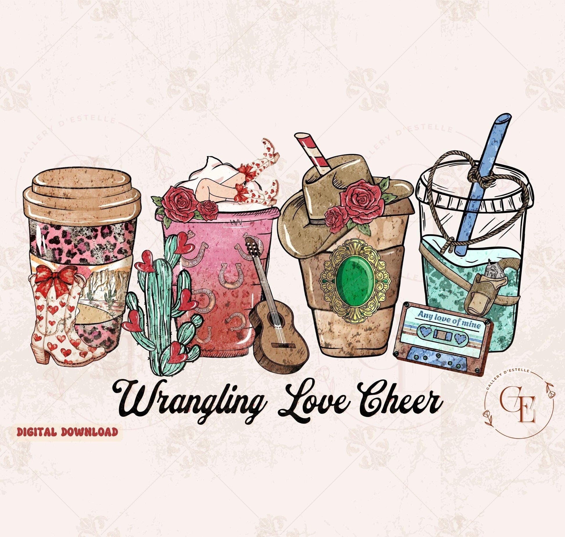 Wrangling Love Essentials PNG, Rustic Cowgirl Coffee Cup Graphic, Retro Valentine Country Shirt Design
