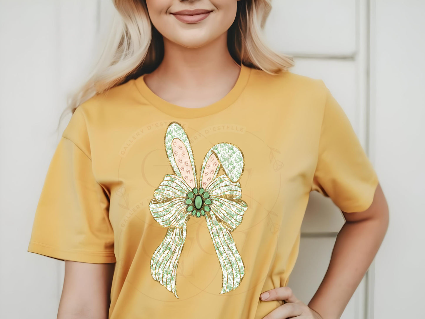 Coquette Easter Bunny Bow PNG, Green French Toile Glitter Graphic, Country Chic Shirt Design