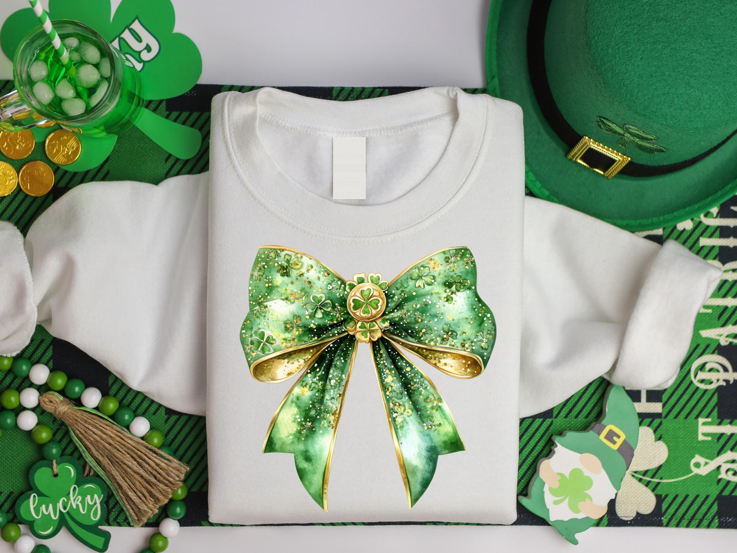 St. Patrick’s Day Green Bow PNG, Glittery Lucky Charm Design, Coquette Clover Clipart