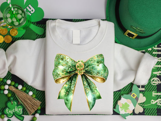 St. Patrick’s Day Green Bow PNG, Glittery Lucky Charm Design, Coquette Clover Clipart