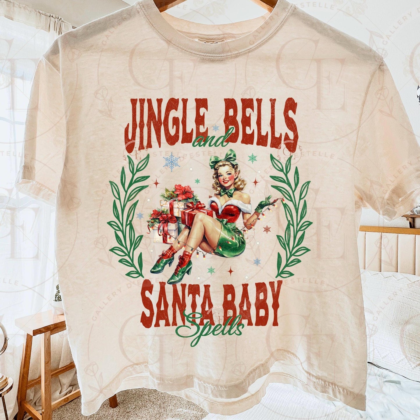 Jingle Bells and Santa Baby Spells PNG, Retro Pinup Girl Art, Cute Vintage Christmas Graphic, Coquette Holiday Shirt