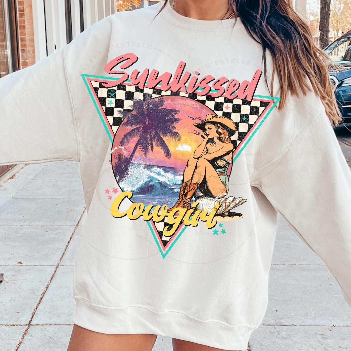 Sunkissed Cowgirl PNG, Retro Coastal Summer Vibes Graphic, Trendy Western Checkered Shirt Design