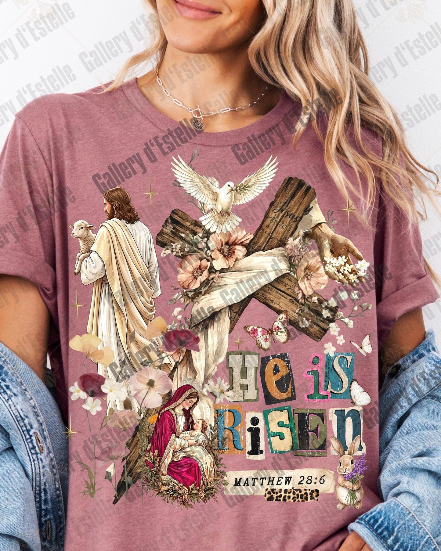 He Is Risen Collage PNG, Vintage Floral Easter Graphic, Coquette Christian Shirt Design