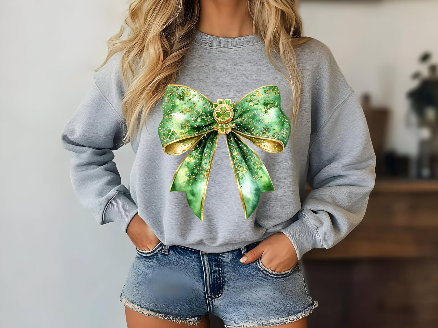 St. Patrick’s Day Green Bow PNG, Glittery Lucky Charm Design, Coquette Clover Clipart