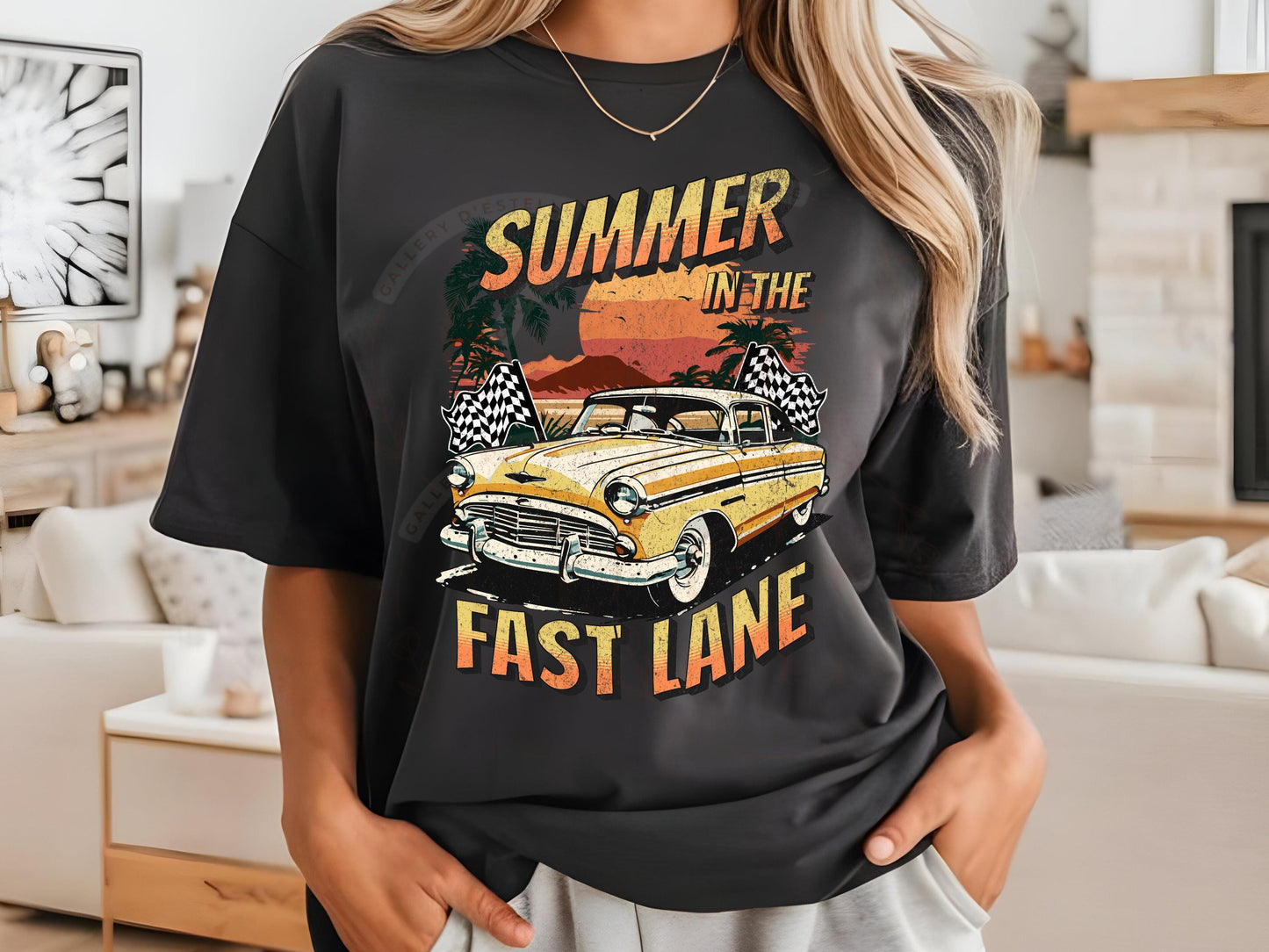 Summer in the Fast Lane PNG, Retro Vintage Race Car Graphic, Trendy Checkered Motor Club Shirt Design