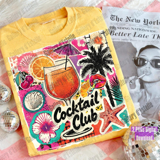 Yellow t-shirt with 'Cocktail Club' design featuring a cocktail, palm tree, and tropical elements on a newspaper background.