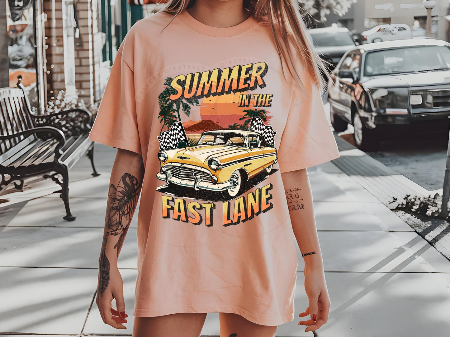 Summer in the Fast Lane PNG, Retro Vintage Race Car Graphic, Trendy Checkered Motor Club Shirt Design