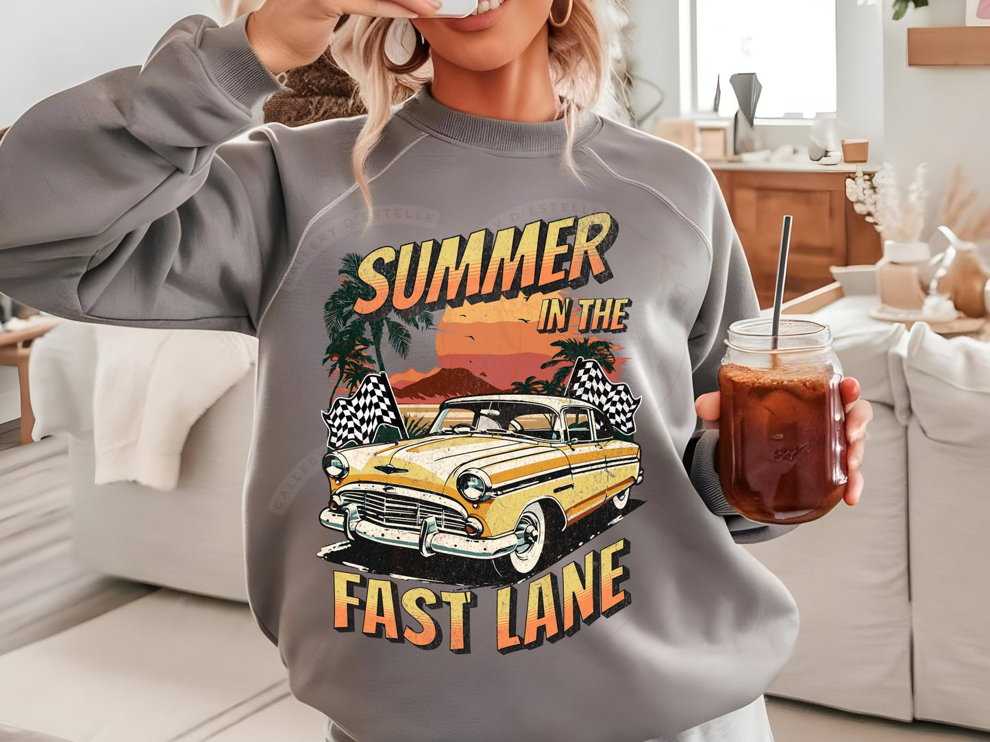 Summer in the Fast Lane PNG, Retro Vintage Race Car Graphic, Trendy Checkered Motor Club Shirt Design