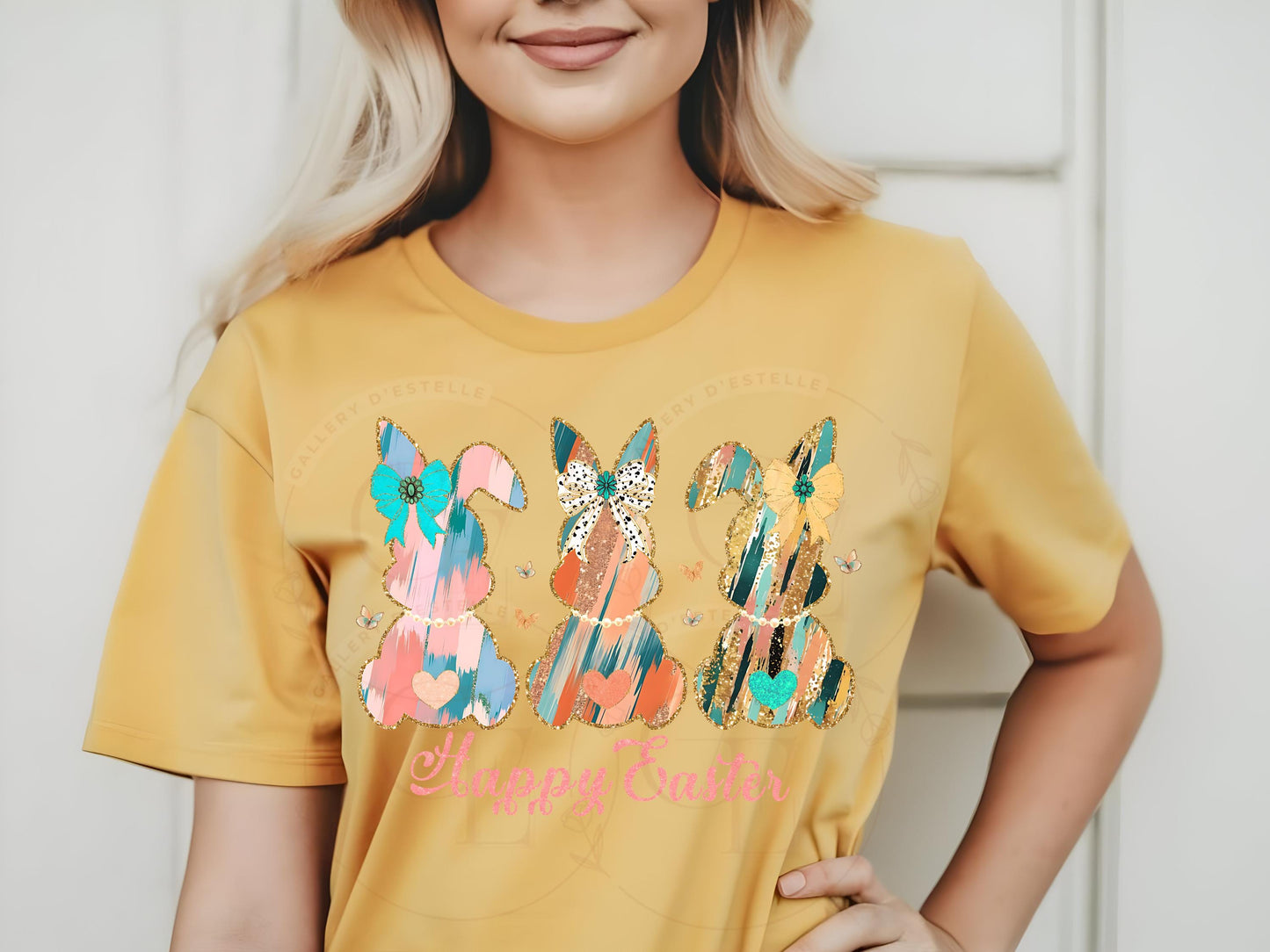 Coquette Easter Bunnies PNG, Gold Pink Brushstroke Art, Happy Easter Graphic, Trendy Country Shirt Design