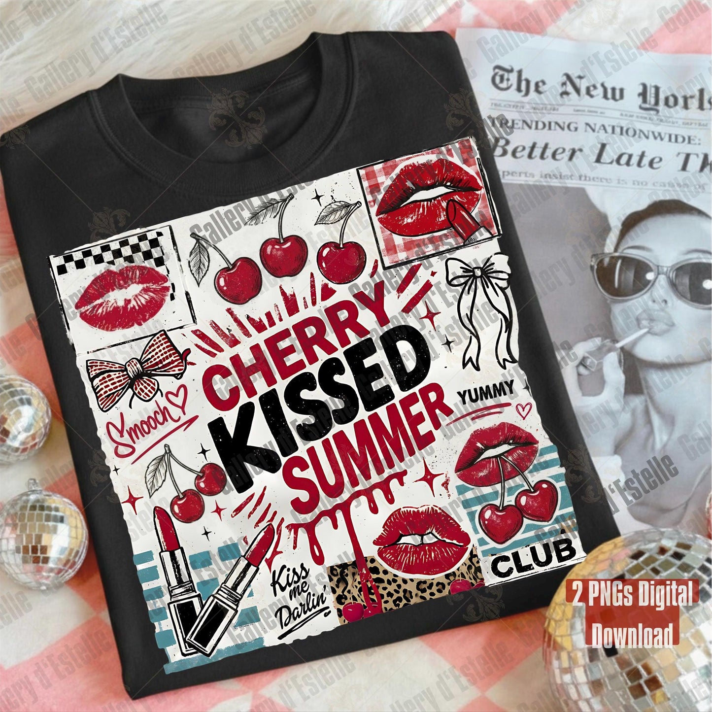 Black t-shirt with colorful graphic design featuring cherries, lips, and text on a newspaper background.