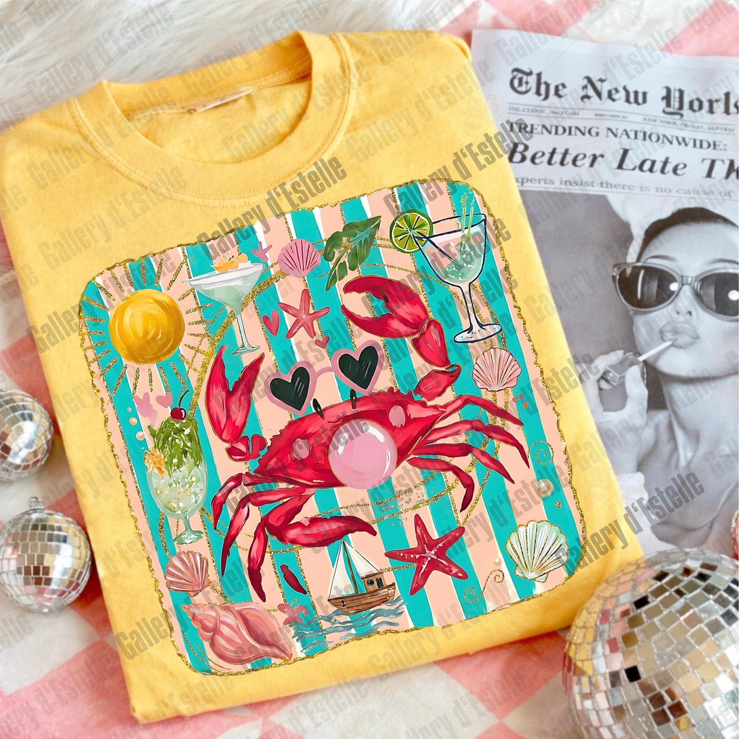Crab Blowing Bubble PNG, Coquette Coastal Crab Graphic, Trendy Summer Beach Shirt Design