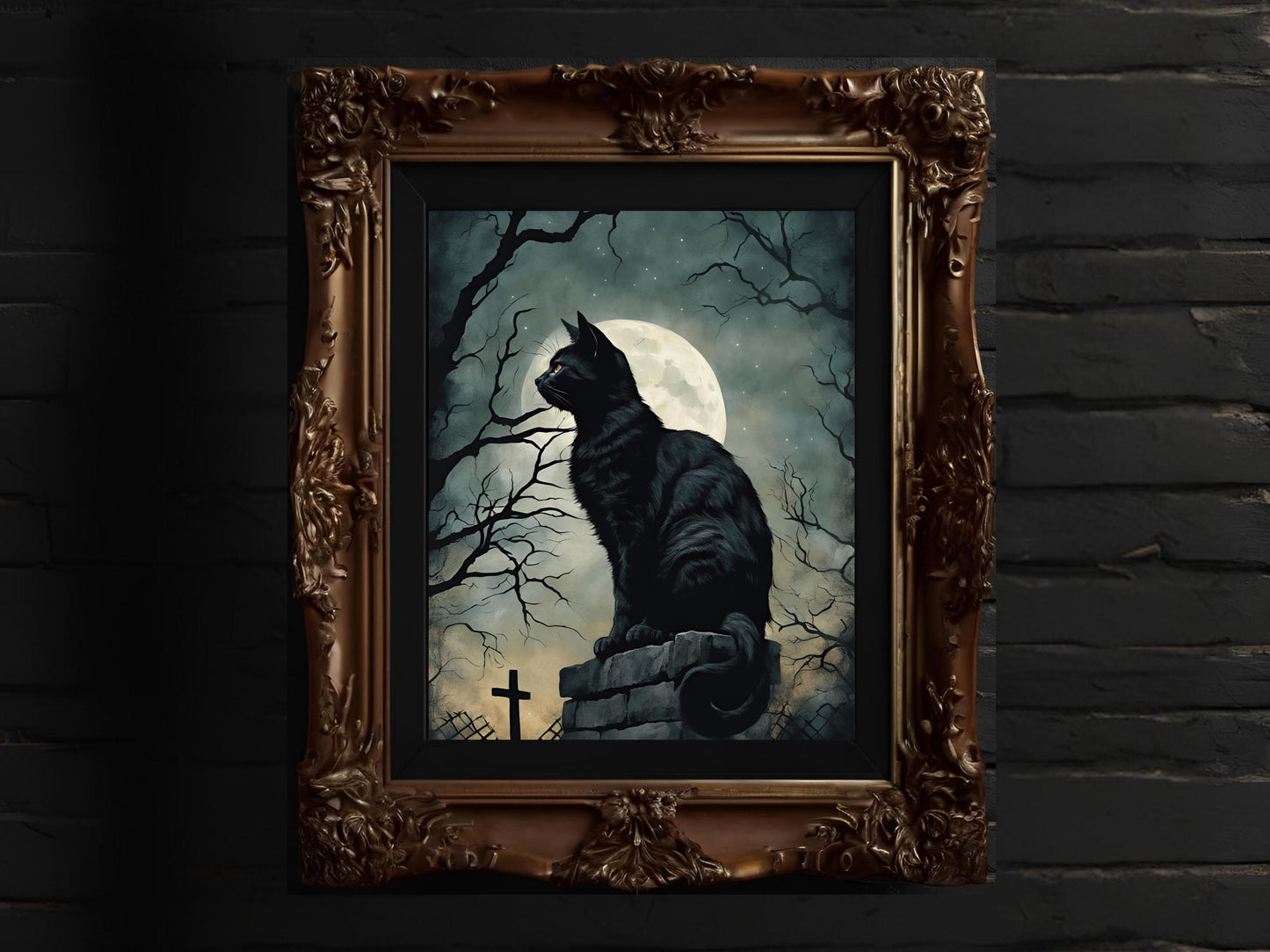 Haunted Black Cats Wall Art Set, Eerie Feline Dark Aesthetic Prints for Gothic Halloween Decor